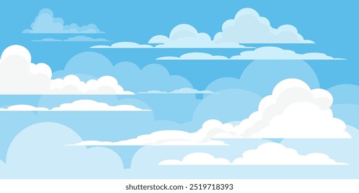 Sky with Clouds illustration in flat style. Sky and clouds background. Cloudy vector cartoon illustration in blue color. Nature abstract wallpaper.