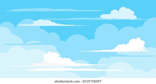 Sky with Clouds illustration in flat style. Sky and clouds background. Cloudy vector cartoon illustration in blue color. Nature abstract wallpaper.