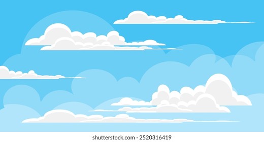 Cielo con la ilustración de las nubes en estilo plano. Cielo y fondo de nubes. Ilustración de dibujos animados de Vector nublado en color azul. Fondo de pantalla abstracto de Naturaleza.
