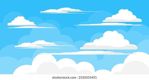 Cielo con la ilustración de las nubes en estilo plano. Cielo y fondo de nubes. Ilustración de dibujos animados de Vector nublado en color azul. Fondo de pantalla abstracto de Naturaleza.