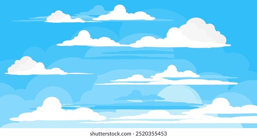 Cielo con la ilustración de las nubes en estilo plano. Cielo y fondo de nubes. Ilustración de dibujos animados de Vector nublado en color azul. Fondo de pantalla abstracto de Naturaleza.