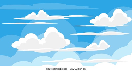 Cielo con la ilustración de las nubes en estilo plano. Cielo y fondo de nubes. Ilustración de dibujos animados de Vector nublado en color azul. Fondo de pantalla abstracto de Naturaleza.