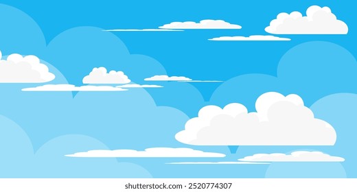 Ilustração de Céu com Nuvens em estilo plano. Fundo do céu e das nuvens. Ilustração de desenho animado de vetor nublado em cor azul. Natureza abstrata papel de parede.