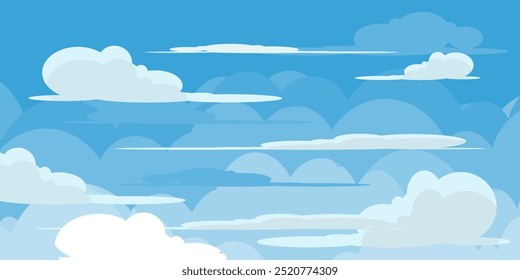 Cielo con la ilustración de las nubes en estilo plano. Cielo y fondo de nubes. Ilustración de dibujos animados de Vector nublado en color azul. Fondo de pantalla abstracto de Naturaleza.