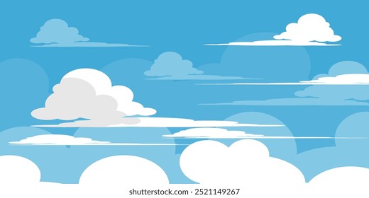 Sky with Clouds illustration in flat style. Sky and clouds background. Cloudy vector cartoon illustration in blue color. Nature abstract wallpaper.