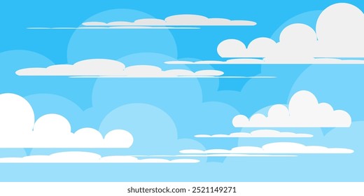 Cielo con la ilustración de las nubes en estilo plano. Cielo y fondo de nubes. Ilustración de dibujos animados de Vector nublado en color azul. Fondo de pantalla abstracto de Naturaleza.