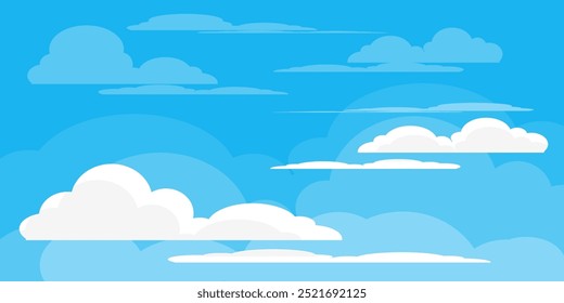 Cielo con la ilustración de las nubes en estilo plano. Cielo y fondo de nubes. Ilustración de dibujos animados de Vector nublado en color azul. Fondo de pantalla abstracto de Naturaleza.