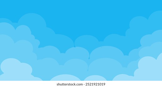 Sky with Clouds illustration in flat style. Sky and clouds background. Cloudy vector cartoon illustration in blue color. Nature abstract wallpaper.