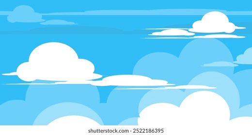 Sky with Clouds illustration in flat style. Sky and clouds background. Cloudy vector cartoon illustration in blue color. Nature abstract wallpap