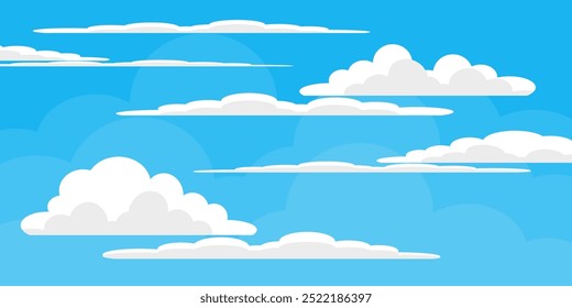 Cielo con la ilustración de las nubes en estilo plano. Cielo y fondo de nubes. Ilustración de dibujos animados de Vector nublado en color azul. Fondo de pantalla abstracto de Naturaleza
