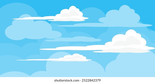 Cielo con la ilustración de las nubes en estilo plano. Cielo y fondo de nubes. Ilustración de dibujos animados de Vector nublado en color azul. Fondo de pantalla abstracto de Naturaleza.