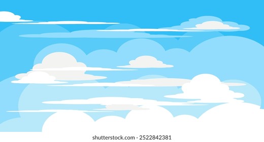 Sky with Clouds illustration in flat style. Sky and clouds background. Cloudy vector cartoon illustration in blue color. Nature abstract wallpaper.