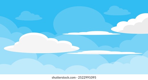 Cielo con la ilustración de las nubes en estilo plano. Cielo y fondo de nubes. Ilustración de dibujos animados de Vector nublado en color azul. Fondo de pantalla abstracto de Naturaleza.