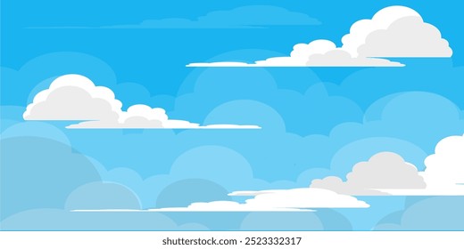 Sky with Clouds illustration in flat style. Sky and clouds background. Cloudy vector cartoon illustration in blue color. Nature abstract wallpaper.