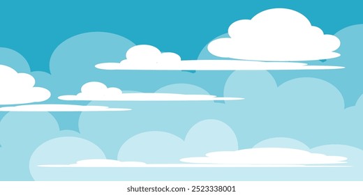 Ilustração de Céu com Nuvens em estilo plano. Fundo do céu e das nuvens. Ilustração de desenho animado de vetor nublado em cor azul. Natureza abstrata papel de parede.