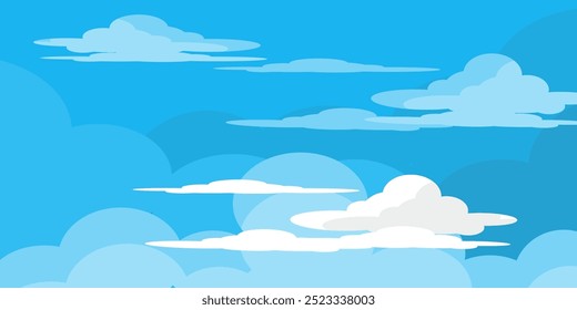 Sky with Clouds illustration in flat style. Sky and clouds background. Cloudy vector cartoon illustration in blue color. Nature abstract wallpaper.