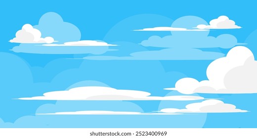 Ilustração de Céu com Nuvens em estilo plano. Fundo do céu e das nuvens. Ilustração de desenho animado de vetor nublado em cor azul. Natureza abstrata papel de parede.