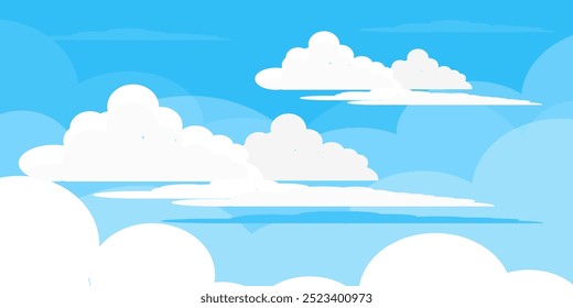 Himmel mit Wolken Illustration im flachen Stil. Himmel und Wolken Hintergrund. Trübe Vektorkarikatur in blauer Farbe. Natur abstrakte Tapete.