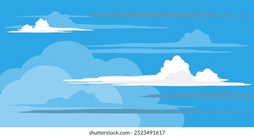 Cielo con la ilustración de las nubes en estilo plano. Cielo y fondo de nubes. Ilustración de dibujos animados de Vector nublado en color azul. Fondo de pantalla abstracto de Naturaleza.
