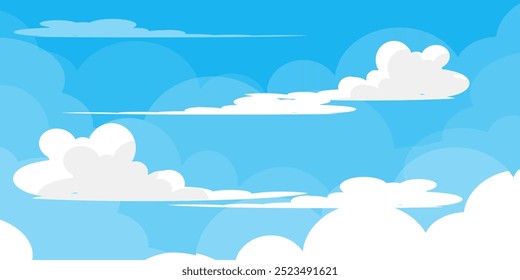 Sky with Clouds illustration in flat style. Sky and clouds background. Cloudy vector cartoon illustration in blue color. Nature abstract wallpaper.