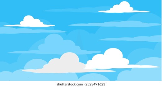 Sky with Clouds illustration in flat style. Sky and clouds background. Cloudy vector cartoon illustration in blue color. Nature abstract wallpaper.