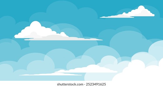 Sky with Clouds illustration in flat style. Sky and clouds background. Cloudy vector cartoon illustration in blue color. Nature abstract wallpaper.