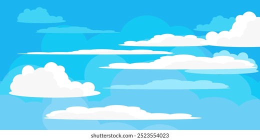 Ilustração de Céu com Nuvens em estilo plano. Fundo do céu e das nuvens. Ilustração de desenho animado de vetor nublado em cor azul. Natureza abstrata papel de parede.