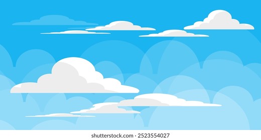 Himmel mit Wolken Illustration im flachen Stil. Himmel und Wolken Hintergrund. Trübe Vektorkarikatur in blauer Farbe. Natur abstrakte Tapete.