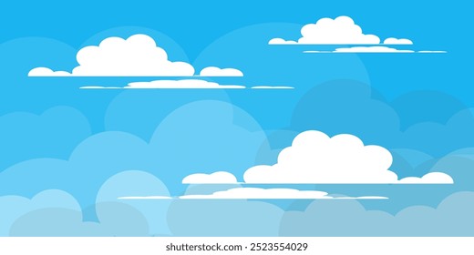 Ilustração de Céu com Nuvens em estilo plano. Fundo do céu e das nuvens. Ilustração de desenho animado de vetor nublado em cor azul. Natureza abstrata papel de parede.