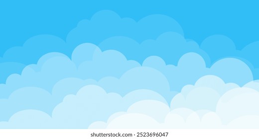 Sky with Clouds illustration in flat style. Sky and clouds background. Cloudy vector cartoon illustration in blue color. Nature abstract wallpaper.