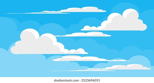 Sky with Clouds illustration in flat style. Sky and clouds background. Cloudy vector cartoon illustration in blue color. Nature abstract wallpaper.