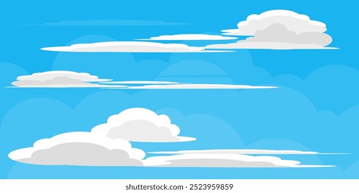 Sky with Clouds illustration in flat style. Sky and clouds background. Cloudy vector cartoon illustration in blue color. Nature abstract wallpaper.