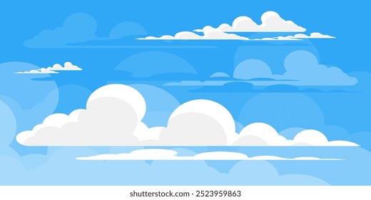 Sky with Clouds illustration in flat style. Sky and clouds background. Cloudy vector cartoon illustration in blue color. Nature abstract wallpaper.