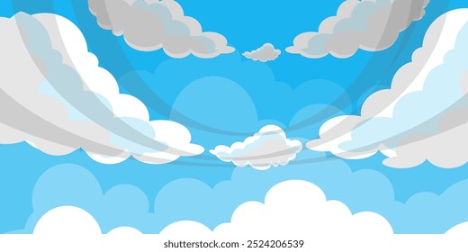 Sky with Clouds illustration in flat style. Sky and clouds background. Cloudy vector cartoon illustration in blue color. Nature abstract wallpaper.