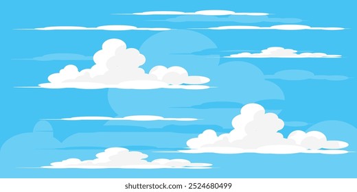 Himmel mit Wolken Illustration im flachen Stil. Himmel und Wolken Hintergrund. Trübe Vektorkarikatur in blauer Farbe. Natur abstrakte Tapete.