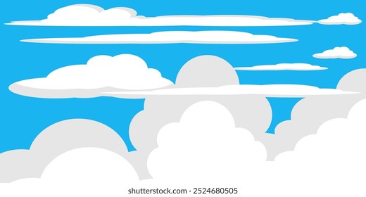 Sky with Clouds illustration in flat style. Sky and clouds background. Cloudy vector cartoon illustration in blue color. Nature abstract wallpaper.