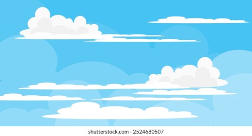 Sky with Clouds illustration in flat style. Sky and clouds background. Cloudy vector cartoon illustration in blue color. Nature abstract wallpaper.