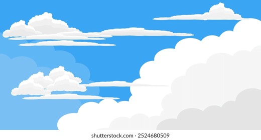 Cielo con la ilustración de las nubes en estilo plano. Cielo y fondo de nubes. Ilustración de dibujos animados de Vector nublado en color azul. Fondo de pantalla abstracto de Naturaleza.