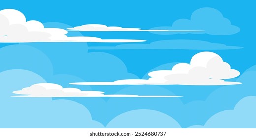 Himmel mit Wolken Illustration im flachen Stil. Himmel und Wolken Hintergrund. Trübe Vektorkarikatur in blauer Farbe. Natur abstrakte Tapete.