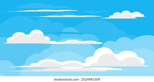 Cielo con la ilustración de las nubes en estilo plano. Cielo y fondo de nubes. Ilustración de dibujos animados de Vector nublado en color azul. Fondo de pantalla abstracto de Naturaleza.
