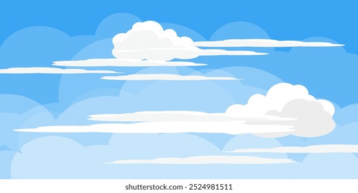 Ilustração de Céu com Nuvens em estilo plano. Fundo do céu e das nuvens. Ilustração de desenho animado de vetor nublado em cor azul. Natureza abstrata papel de parede.