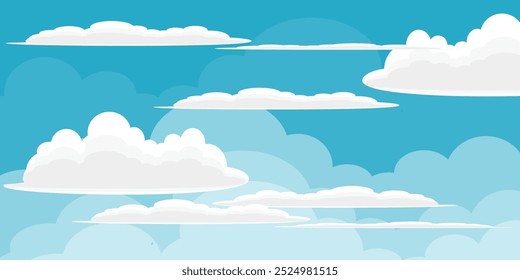 Sky with Clouds illustration in flat style. Sky and clouds background. Cloudy vector cartoon illustration in blue color. Nature abstract wallpaper.