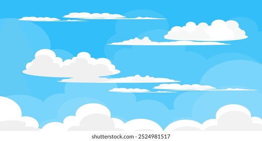 Cielo con la ilustración de las nubes en estilo plano. Cielo y fondo de nubes. Ilustración de dibujos animados de Vector nublado en color azul. Fondo de pantalla abstracto de Naturaleza.