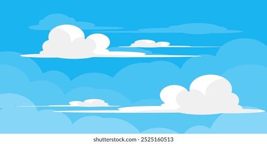 Ilustração de Céu com Nuvens em estilo plano. Fundo do céu e das nuvens. Ilustração de desenho animado de vetor nublado em cor azul. Natureza abstrata papel de parede.