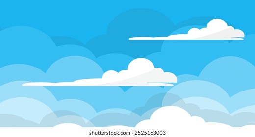 Sky with Clouds illustration in flat style. Sky and clouds background. Cloudy vector cartoon illustration in blue color. Nature abstract wallpaper.