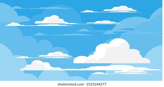 Sky with Clouds illustration in flat style. Sky and clouds background. Cloudy vector cartoon illustration in blue color. Nature abstract wallpaper.