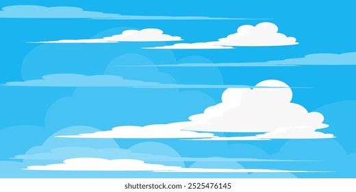 Sky with Clouds illustration in flat style. Sky and clouds background. Cloudy vector cartoon illustration in blue color. Nature abstract wallpaper.