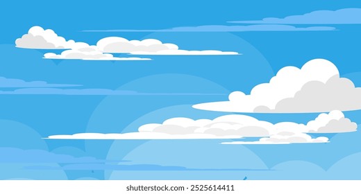 Sky with Clouds illustration in flat style. Sky and clouds background. Cloudy vector cartoon illustration in blue color. Nature abstract wallpaper.