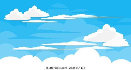 Sky with Clouds illustration in flat style. Sky and clouds background. Cloudy vector cartoon illustration in blue color. Nature abstract wallpaper.