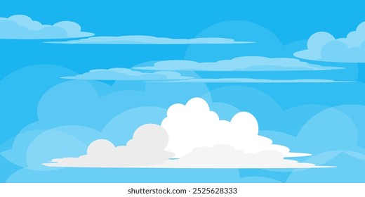 Sky with Clouds illustration in flat style. Sky and clouds background. Cloudy vector cartoon illustration in blue color. Nature abstract wallpaper.